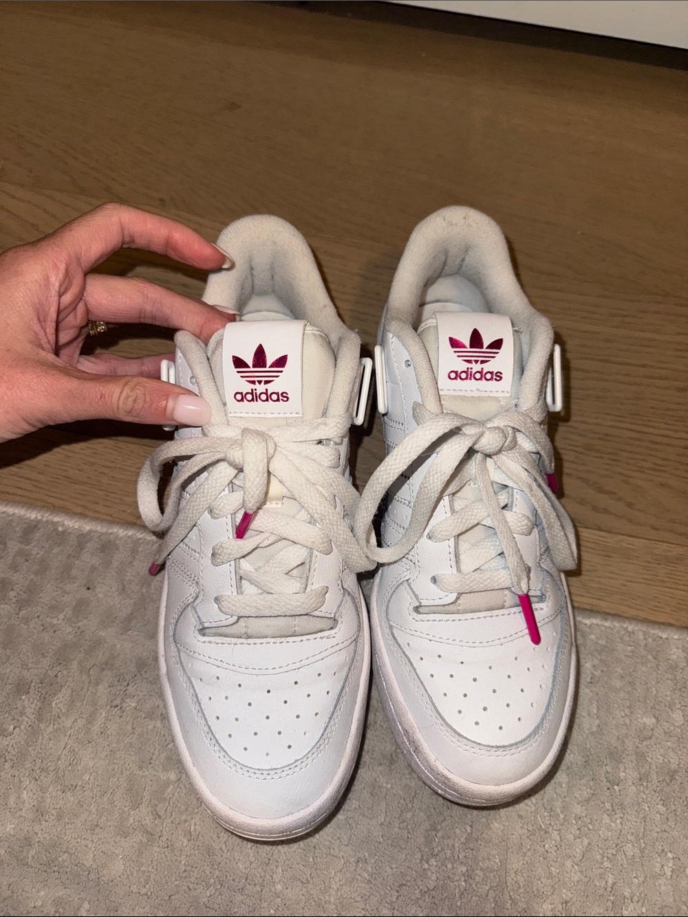 adidas White Leather Low-Top Sneakers with Pink Logo Accents